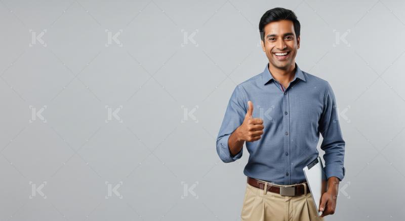 A cheerful young Indian man stands against a plain studio backgr