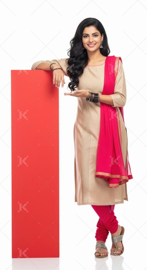A stylish young Indian woman in a beige and pink salwar kameez p