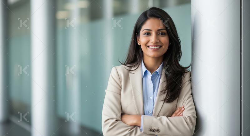 Young indian businesswoman standing confidently at office