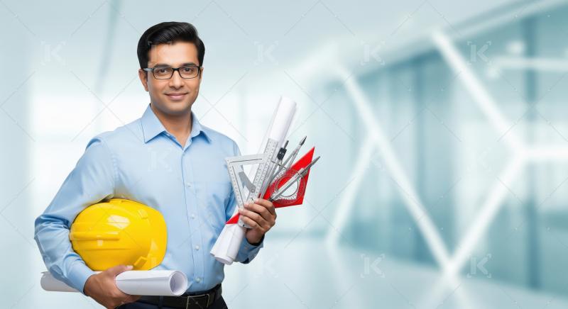 Confident Indian male architect or engineer in a light blue shir