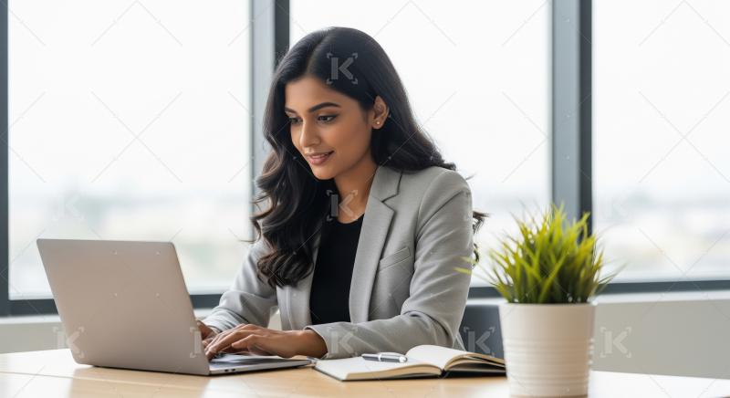 Young businesswoman or corporate female employee smiling