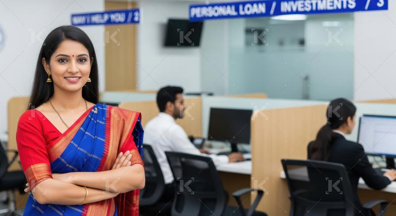 Confident Indian woman in a blue and red saree standing with fol