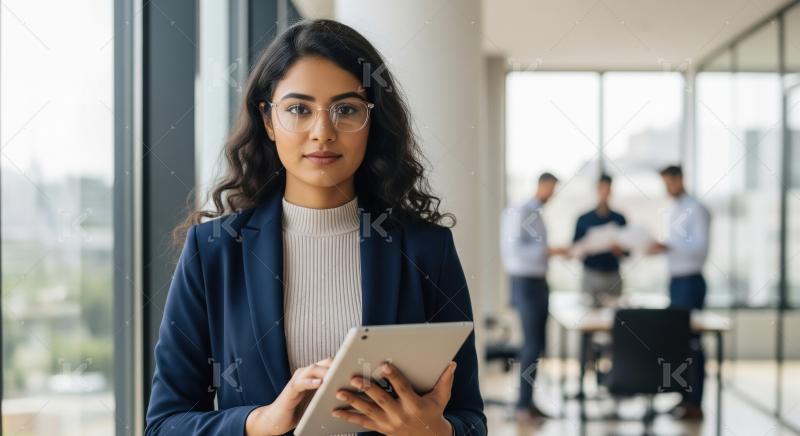 Young businesswoman or corporate female employee smiling