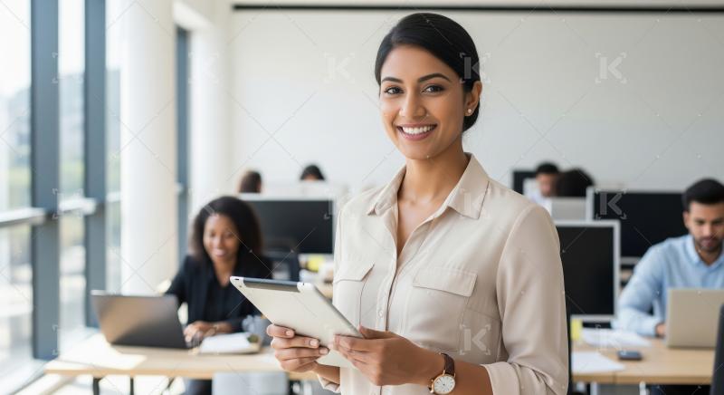 Young businesswoman or corporate female employee smiling