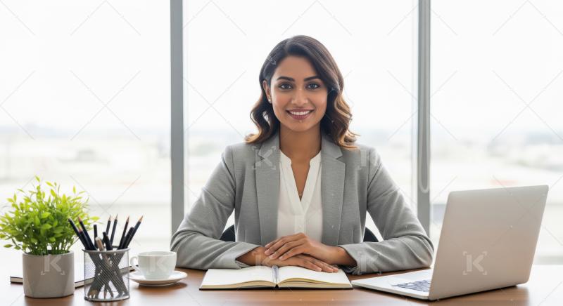 Young businesswoman or corporate female employee smiling