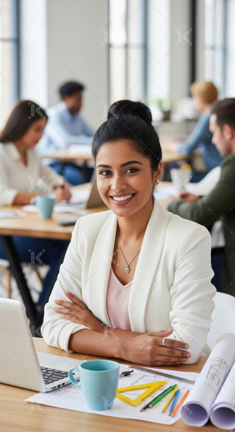 Young businesswoman or corporate female employee smiling