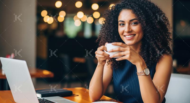 Young woman with curly hair enjoying a coffee break while workin