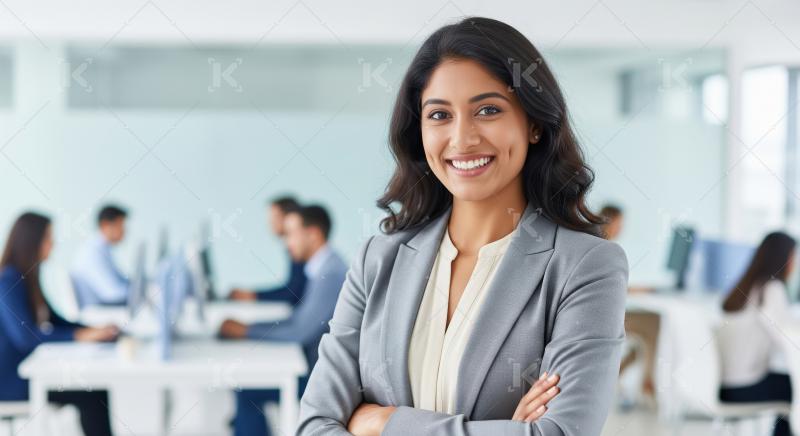 Young indian businesswoman standing confidently at office