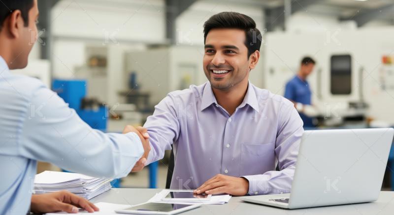 Smiling young Indian professional in a light purple shirt shakin