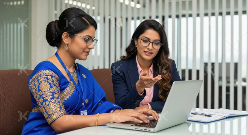 Two professional Indian businesswomen collaborating at a laptop
