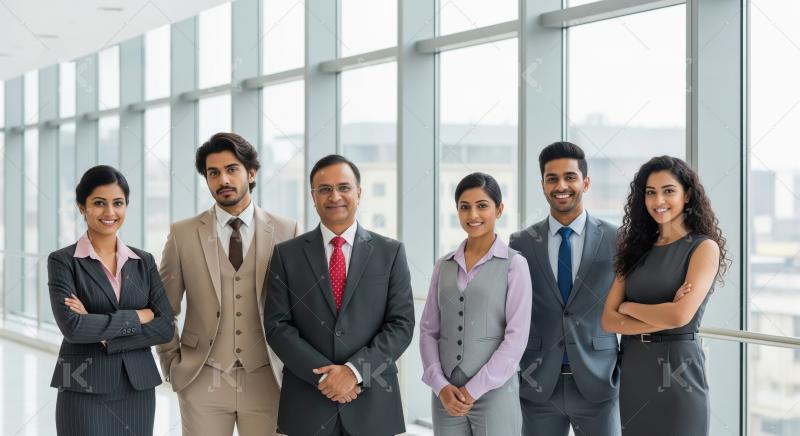 Happy indian corporate employee team standing confidently