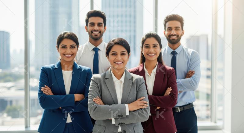 Happy indian corporate employee team standing confidently