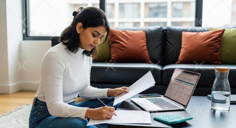 A young woman works from her living room floor, carefully review