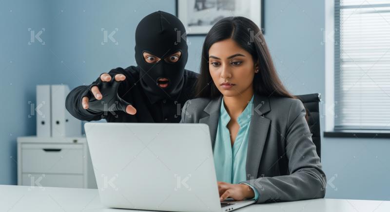 A masked cyber criminal looms behind an unaware businesswoman at