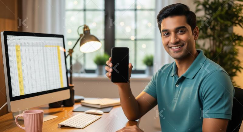 A young professional sits at his desk and confidently holds up a