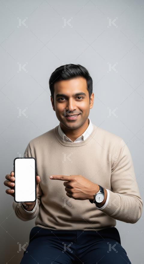 A confident young man sits against a plain studio background, sm