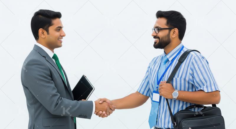 Two young Indian professionals greet each other with a confident