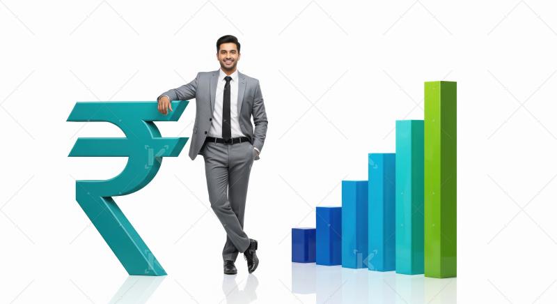 A confident businessman in a grey suit leans on a giant rupee sy