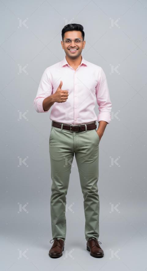 Young indian male employee standing confidently and showing thum