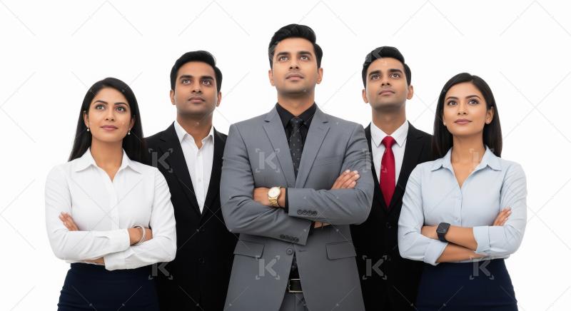 Happy indian corporate employee team standing confidently