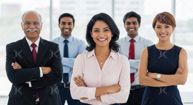 Happy indian corporate employee team standing confidently