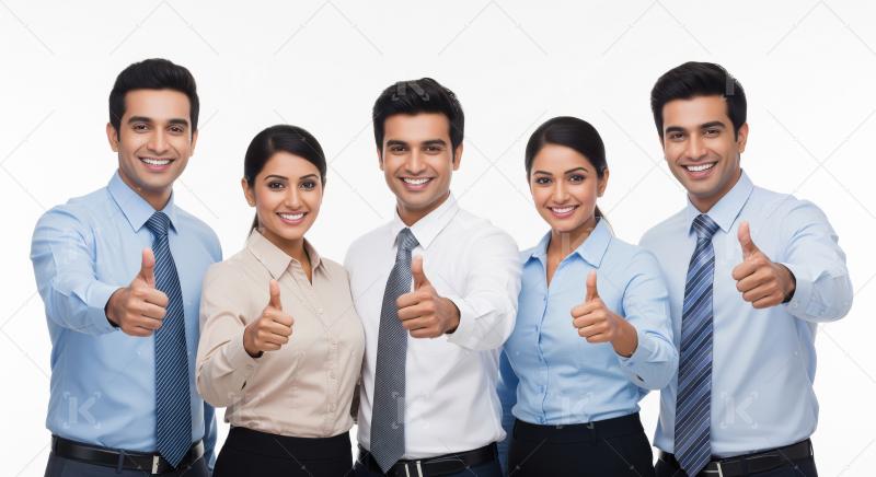 A diverse team of young Indian business professionals stands tog
