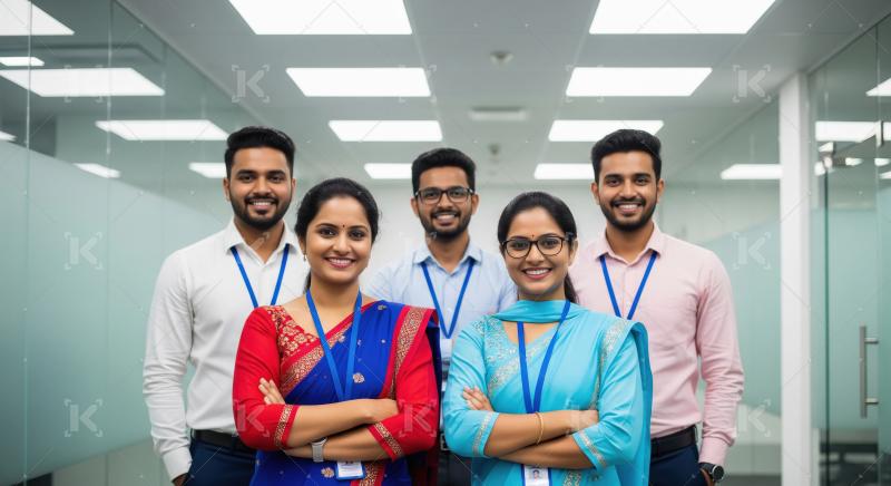 Happy indian corporate employee team standing confidently