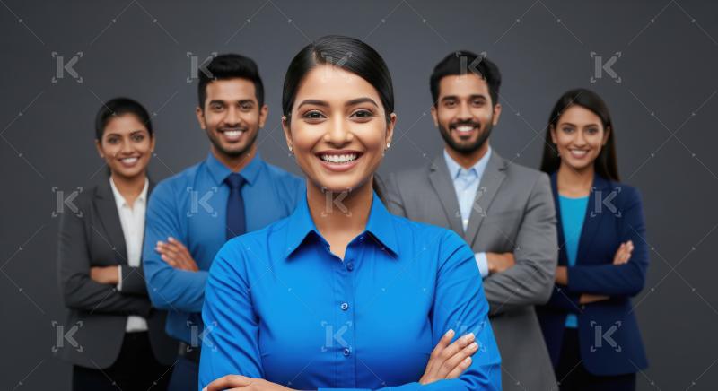 Happy indian corporate employee team standing confidently