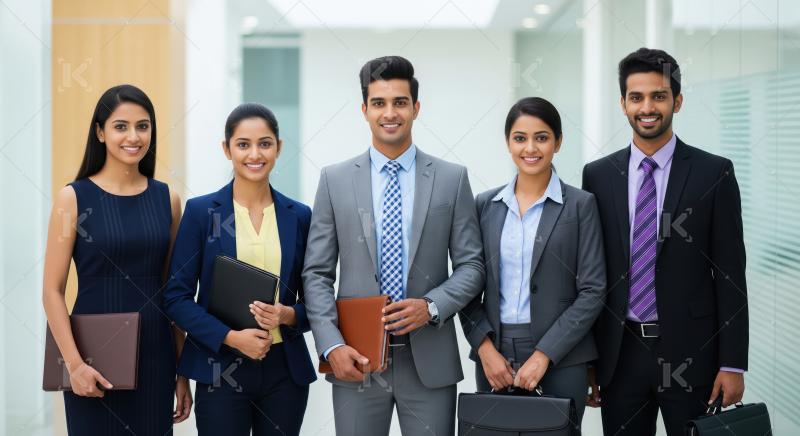 Happy indian corporate employee team standing confidently