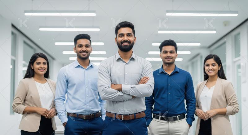 Happy indian corporate employee team standing confidently