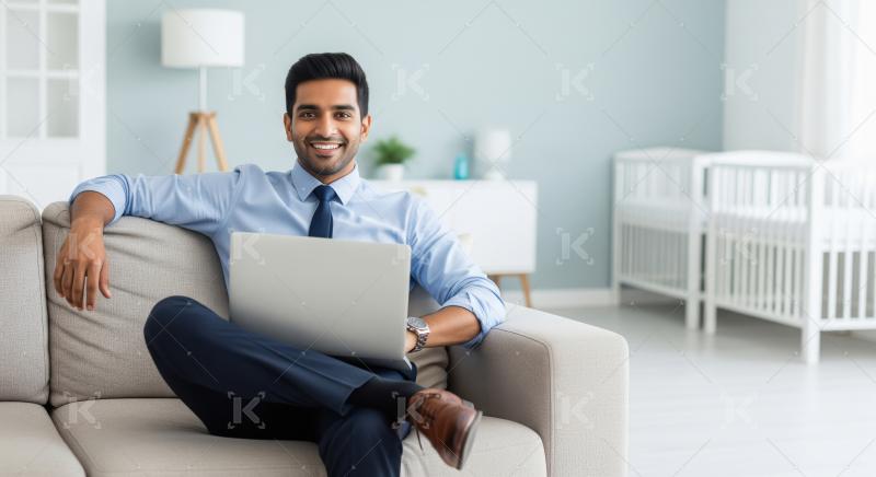 Young indian corporate man using laptop sitting on sofa