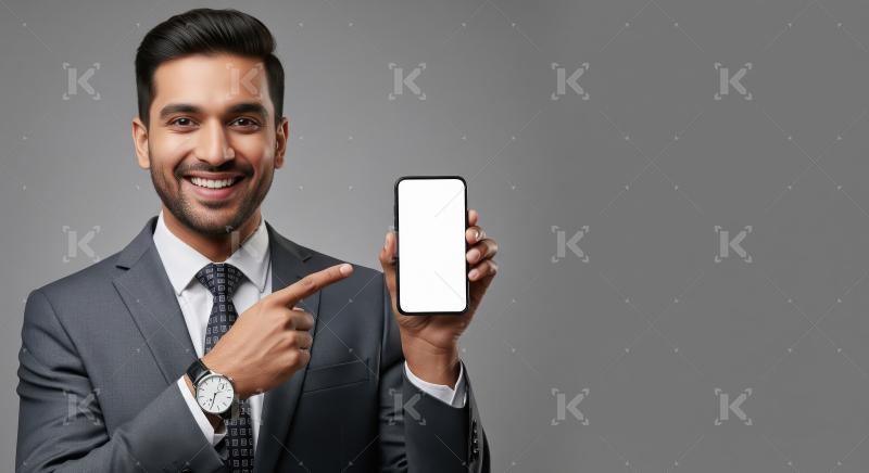 A confident Indian businessman in a suit points to a blank smart