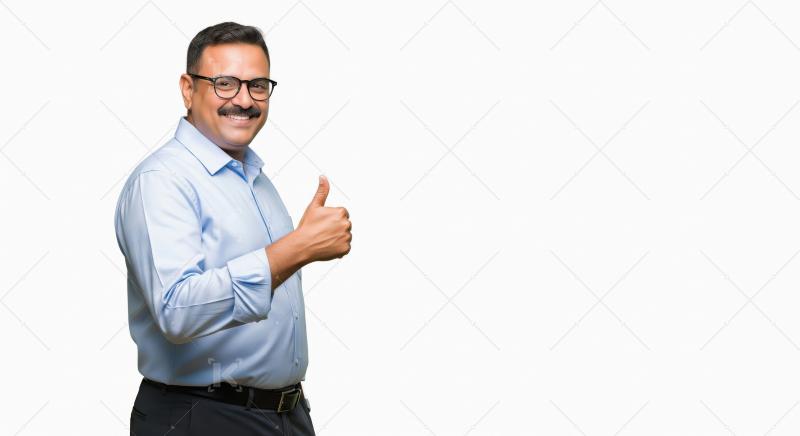 Smiling middle‑aged Indian man in a light blue shirt giving a