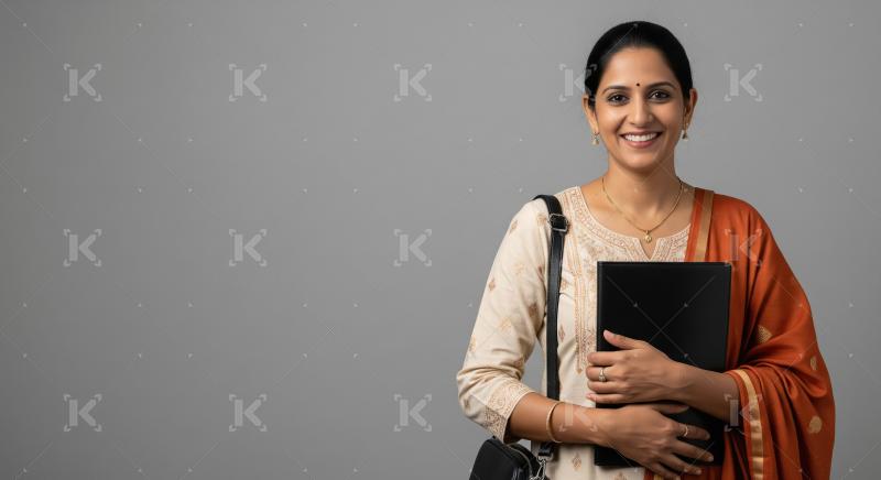 Confident young Indian woman in traditional office wear, holding