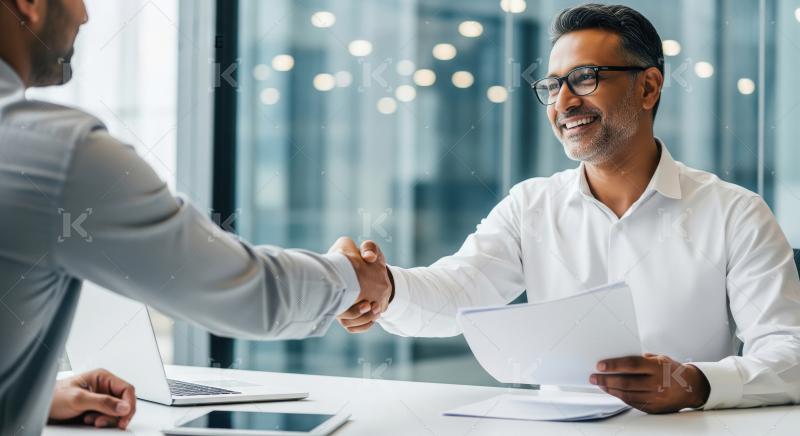 Smiling Indian businessman in a modern glass office warmly shaki