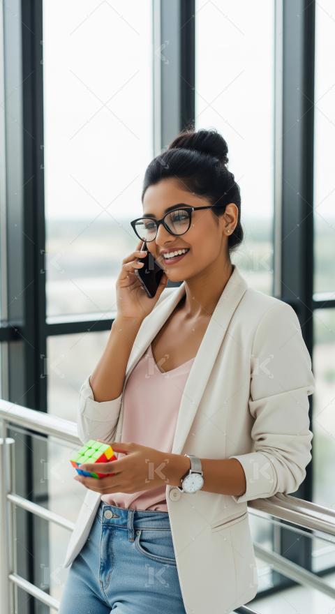 Smart young Indian businesswoman in a light blazer and jeans, ta