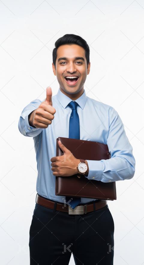 Young indian male employee standing confidently and showing thum