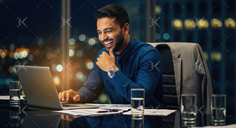 Happy indian corporate man using laptop