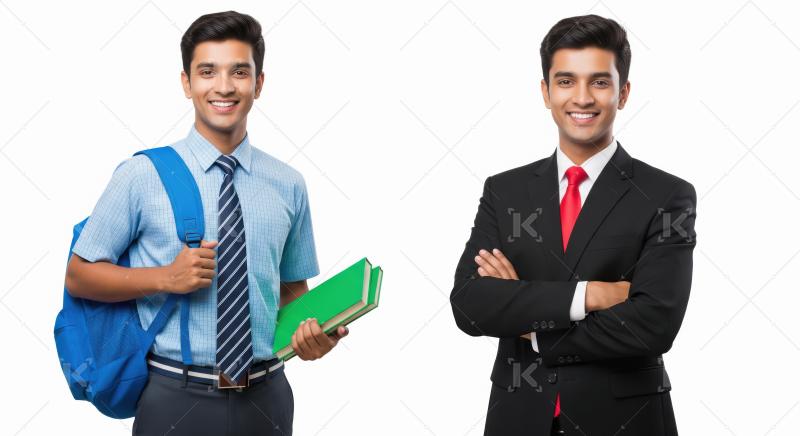 A young Indian man is shown in two stages of life first as a smi