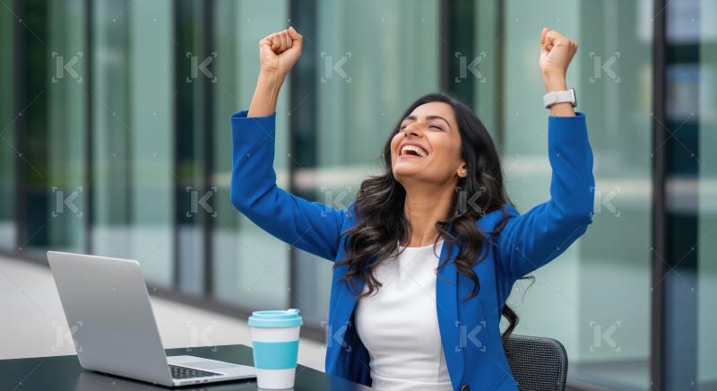 A joyful young businesswoman in a blue blazer celebrates a profe
