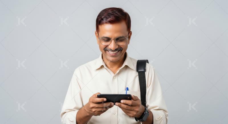 A cheerful middle‑aged Indian man wearing glasses and a light