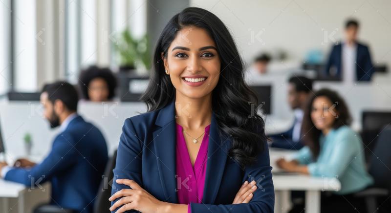 Young indian businesswoman standing confidently at office