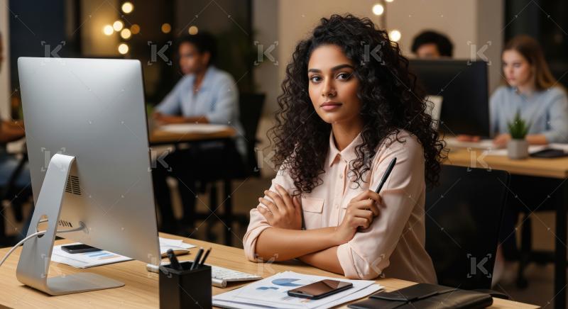 Young businesswoman or corporate female employee smiling