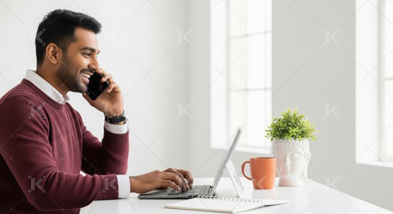 Cheerful young professional working remotely at a bright minimal