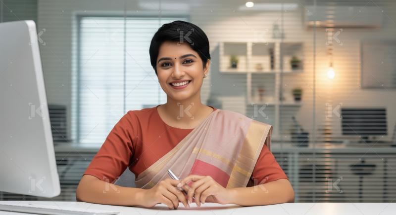 Smiling young Indian professional woman in a smart saree sitting