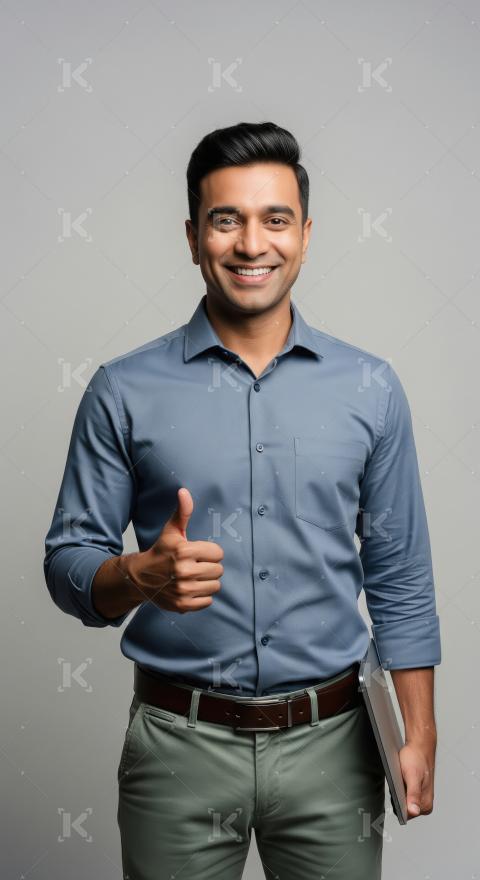 Smiling young Indian professional giving a thumbs-up gesture in