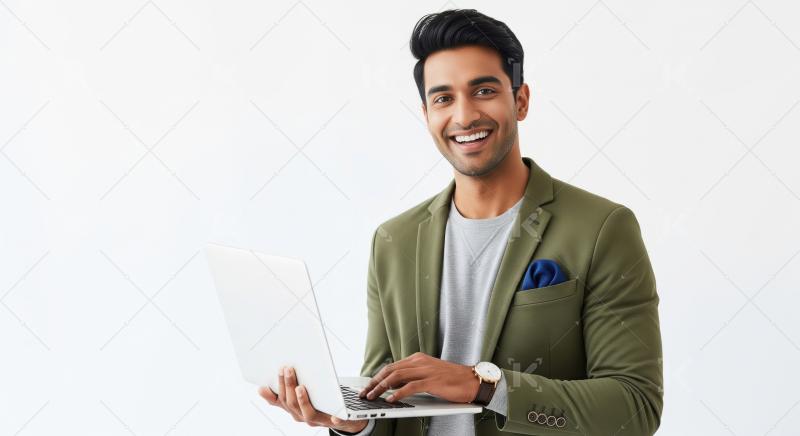 Smiling young Indian entrepreneur in a smart blazer working on a