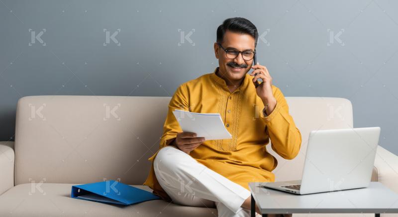 Cheerful middle‑aged Indian man in mustard kurta working remot