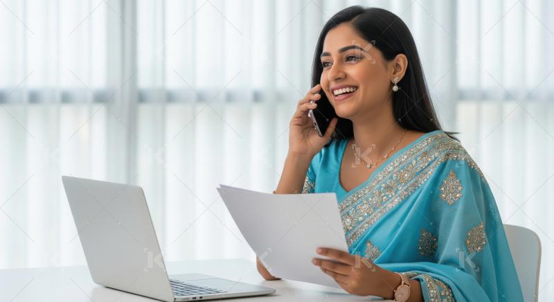 Cheerful young Indian woman in an elegant blue saree working rem