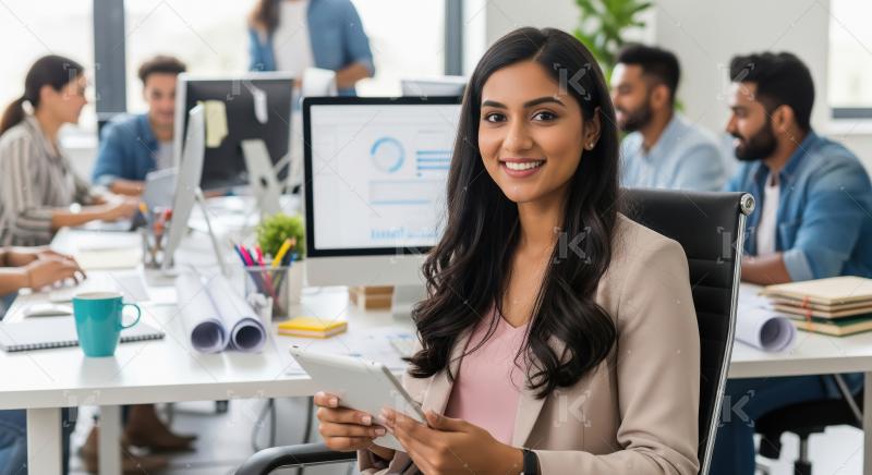Young businesswoman or corporate female employee smiling